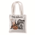 Bolso tote de lona beige con estampado de calabaza Funny Halloween en fondo blanco - Divertida Calabaza de Halloween