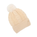 Détail du bonnet en tricot crème avec texture torsadée et ornement feuille dorée - Taille unique / Blanc Cassé