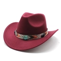 Detail of burgundy felt cowboy hat featuring a colorful ethnic woven band and turquoise studs - M (56-58cm) / Burgundy