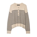 Jersey de punto a rayas beige de moda con manga larga y cuello redondo con botones - S / Beige/Negro a Rayas
