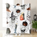 Coperta di flanella per Halloween con stampa acquerello di teschio e zucca su fondo bianco - Stile Mano di Scheletro Zucca Bianco (71033-19)