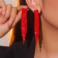 Elegant long red rhinestone tassel earrings for women with high-shine crystal drop style - Red Tassel Vertical Drop Earrings