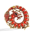 Vintage dragon brooch in antique gold finish with red rhinestones and black gem eye - Red Rhinestone Round Dragon