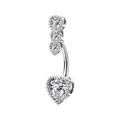 Silver belly button ring with sparkling heart-shaped zirconias and beaded texture detail - Silver Zircon