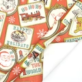 Vintage red Christmas wrapping paper with Santa, steam train, and festive postcard patterns - Santa Claus & Bear