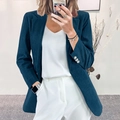 Slim fit women corduroy blazer jacket in deep dark teal with a single-breasted design - S / Tops / Dark Green