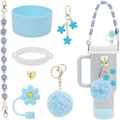 Blue flower accessory set with silicone boot and straw cover for Stanley tumblers - Blue