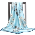 Elegant sky blue 90cm floral satin scarf featuring lilies and sunflowers print - Light Blue Kapok