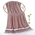 Thick lotus pink cotton bath towel with wide decorative stripes on a rattan chair - Striped Border Hand Towel (Khaki) / 34*74cm