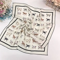 Chic beige square cotton linen scarf featuring colorful horse print and black trim edges - XY-16 Off-white Black Border Colored Horse