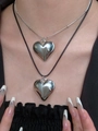 Collier avec pendentif cœur en argent poli, cordon noir et fine chaîne en métal - Coeur 3D Argent (Lot de 2 Colliers)