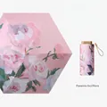 Ombrello pieghevole con motivo a peonia rosa e custodia a capsula coordinata artistica - 6 Ante Peonia Rosa - Protezione UV Colla Nera