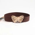 Brown elastic waist belt for women with elegant golden butterfly metal buckle - Coffee