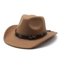 Close-up of brown wool cowboy hat with bull head metal studs and leather strap - Khaki
