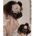 Large beige fabric rose hair claw clip for women featuring elegant chiffon flower design - 434 Dried Rose Claw - AB Side