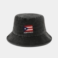 Detail of Puerto Rico flag embroidery on washed charcoal grey denim bucket hat - One Size / Puerto Rico Flag Black