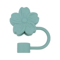 Light blue cherry blossom silicone straw cover for 10mm straws with flexible strap - Peach Blossom Green