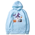 Light blue Halloween hoodie with ghost pumpkin prints in a flat lay presentation - Light Blue