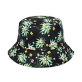 Black cotton bucket hat with colorful tropical palm leaves and hibiscus flower patterns - Black Hibiscus Tropical Print (P)