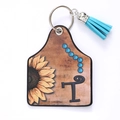 Western faux leather sunflower keychain with blue letter T and tassel charm - Letter T