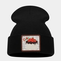Close-up of black knitted beanie featuring a strawberry cake embroidery patch detail - Style 9-Handwritten Cake
