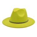 Top view of neon yellow wool fedora hat with a thin silver chain band detail - Neon Yellow