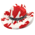 Detail of red and white cow print plush cowboy hat with ethnic weave and heart charms - M (56-58cm) / Straight Crown Red