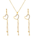 Elegant gold-tone heart necklace and earring set with crystals and hanging tassels - Gold Heart Style (9394)