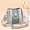 Chic two-tone bucket bag in light grey and dark green with wide patterned strap - Gray and Blue