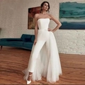 Elegante tuta da sposa a fascia con gonna in tulle rimovibile in raso bianco - US size 2 (S) / Avorio