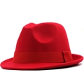 Classic bright red felt fedora hat with matching ribbon band on white background - M (56-58cm) / Red