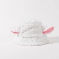 Detail of plush lamb ear bucket hat showing soft white fleece and pink ear accents - White with Pink Ears