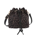 Bolso tipo cubo con estampado de leopardo y cordón de cuero negro ajustable - Marrón
