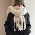 White mohair scarf for women with thick plush texture and fringe tassels for winter warmth - Off-white