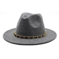 Detailed texture of gray wool felt fedora with decorative gold and black metal chain - M (56-58cm) / Deep Heather Grey