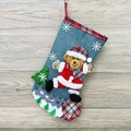 Blue denim Christmas stocking with red plaid trim and a 3D Santa bear ornament - Burlap Fence Large Stocking (Bear)