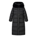 Lange zwarte winterjas met bontcapuchon en verstelbaar trekkoord in de taille voor dames - S / Zwart