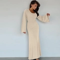 Close-up of beige ribbed knit dress featuring vintage bell sleeves and textured fabric - S / Dresses / Apricot