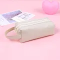 Off-white large capacity double zipper oxford fabric pencil case with handle strap - No Pattern / Beige
