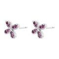 Macro shot of silver butterfly earrings set with round ruby gemstones on a white base - Platinum Plated Rose Red Zirconia