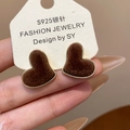 Orecchini a cuore floccato marrone con bordo dorato e perni in argento S925 donna - 3# Ago d'Argento - Caffè - Cuore
