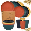 16-piece eco-friendly wheat straw dinnerware set with plates, bowls and cups in vibrant colors - New Series 4-Color 16-Piece Set
