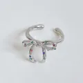 Adjustable silver bow ring with multi-colored crystals and polished finish - Silver Plated Colorful Zirconia Bow Open Ring (B566)