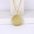 Golden round filigree engraved photo locket necklace on white marble display - Patterned Round/Gold