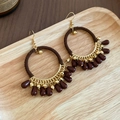 Detailed macro view of Bohemian earrings with brown cotton rope and red teardrop beads - Ear Hook-Coffee
