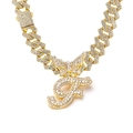 Gold Cuban chain with iced-out rhinestone butterfly and letter F pendant - Gold Letter F