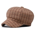 Detailed view of brown plaid newsboy cap showing wool blend fabric and button top - Plaid Beige / M (56-58cm)