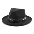 Black western felt cowboy hat with embroidered leather band and bull head ornament - M (56-58cm) / Black