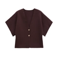 Detail of dark brown ribbed knit cardigan with gold buttons and deep V-neckline - S / Coffee