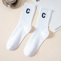 Weiße Baumwoll-Tennissocken mit schwarzem C-Stick und geripptem elastischem Bund - Weiß